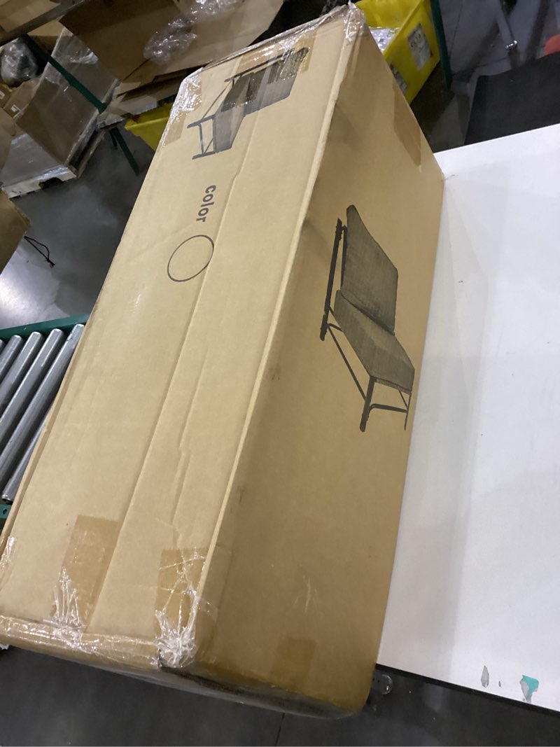 Condition photo showing As Is for HollyHOME Mid Century Modern Accent Chair, Comfy Reading Chair with Soft Cushion, Metal Frame Fabric Large Lazy Chair, Upholstered Lounge Sofa Chairs for Living Room, Bedroom, Balcony, Camel&Blue