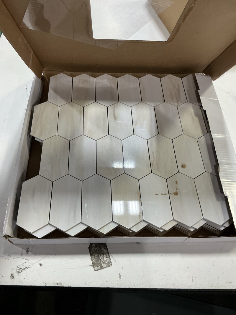 Condition photo showing New/Like New for vamos tile long hexagon peel and stick backsplash tile - 10 sheets stick on backsplash for kitchen and bathroom 12.4 x 12 inch glossy wood grain pvc self adhesive mosaic wall tiles 10 glossy wood grain