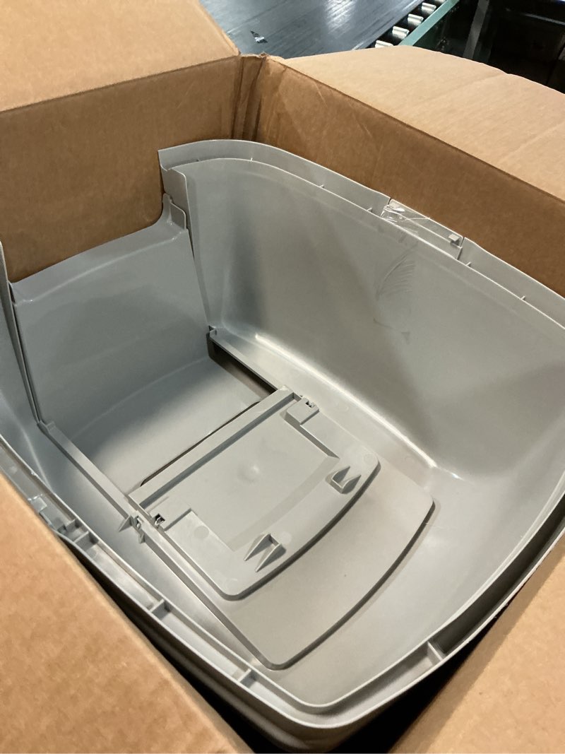 Condition photo showing As Is for iris usa cat litter box large with front door flap, covered enclosed litter box enclosure with scoop, handle & buckles for portability & privacy, hidden litter pan, gray jumbo enclosed gray