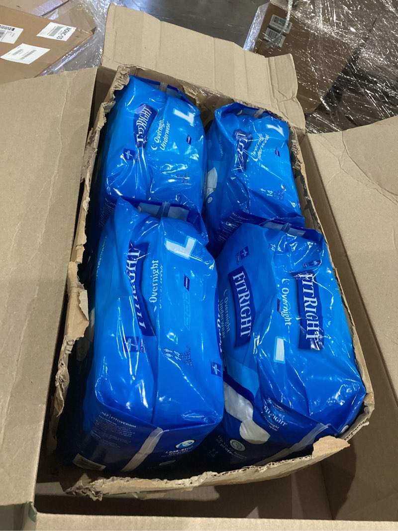 Condition photo showing Good Condition for fitright overnight unisex large underwear, (40-56 in waist) 56 count (4 bags of 14), maximum all night disposable incontinence protection, pull-on absorbent underwear for men and women large 4 bags