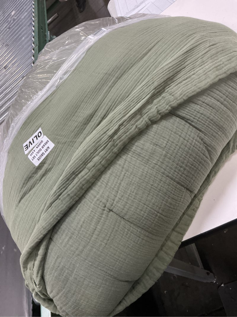 Condition photo showing As Is for organic cotton gauze dream quilt set, full/queen, olive