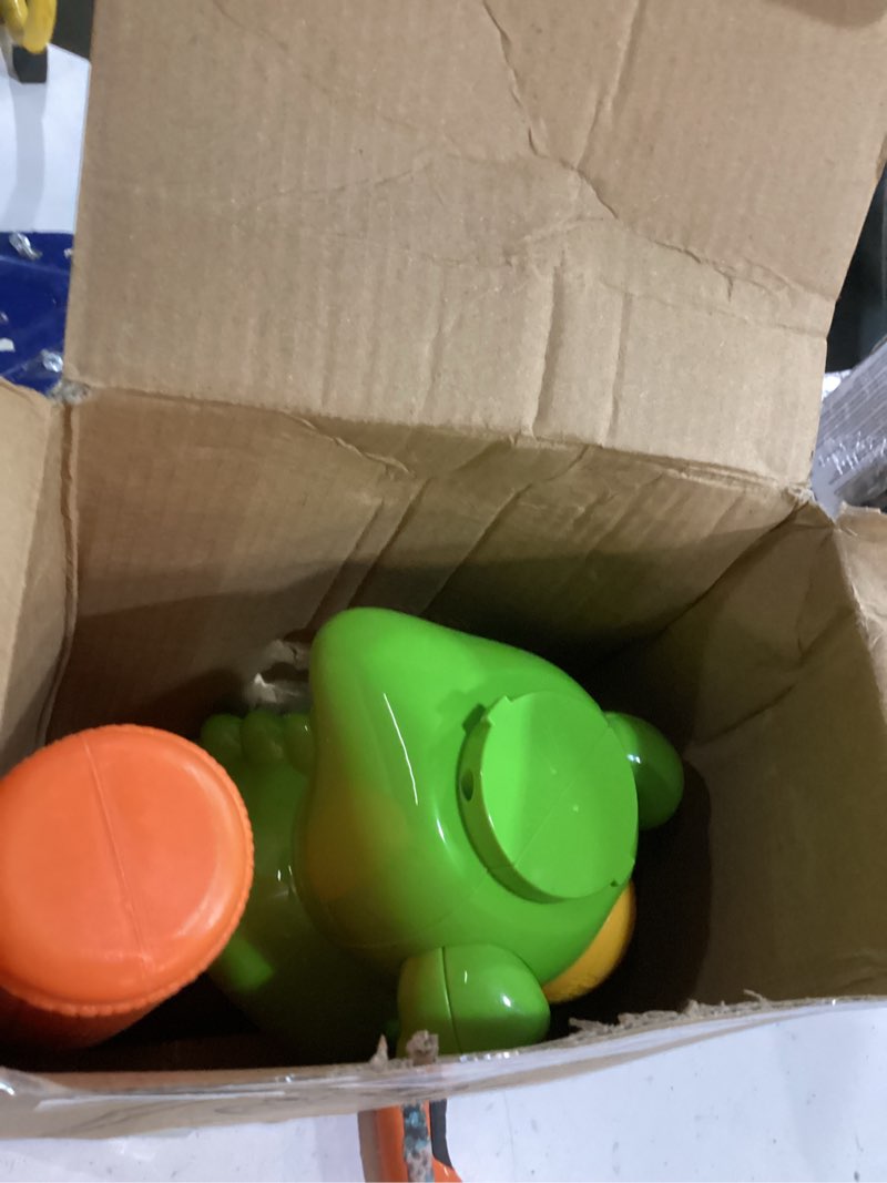 Condition photo showing Good Condition for pop-up t-ball set, green dinosaur tee with bat and 3 balls, indoor outdoor baseball training toy for kids ages 3-8