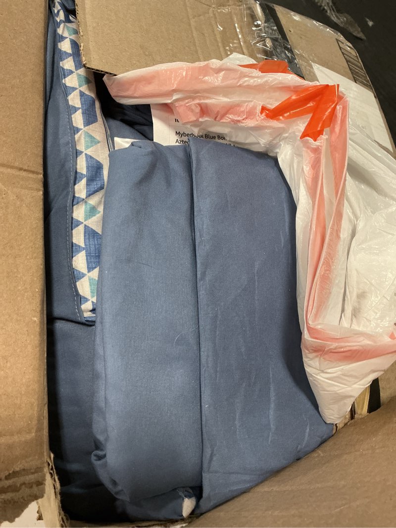 Condition photo showing Good Condition for mybedsoul blue boho style striped comforter set 7 pieces, queen size aztec bed in a bag, all-season bedding set with sheets & pillow shams, bohemian geometric pattern queen blue