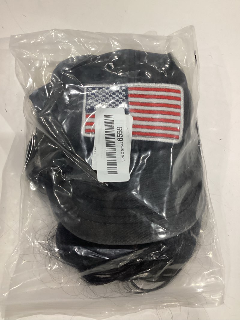 Condition photo showing New/Like New for medium black wavy 80s mullet hat wig with mustache for 4th of july cosplay party and halloween