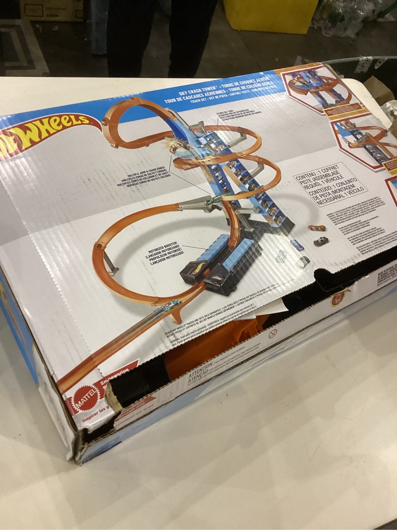 Condition photo showing Good Condition for Hot Wheels Sky Crash Tower Motorized Track Set with Car  Stores 20+ 1:64 Scale Cars
