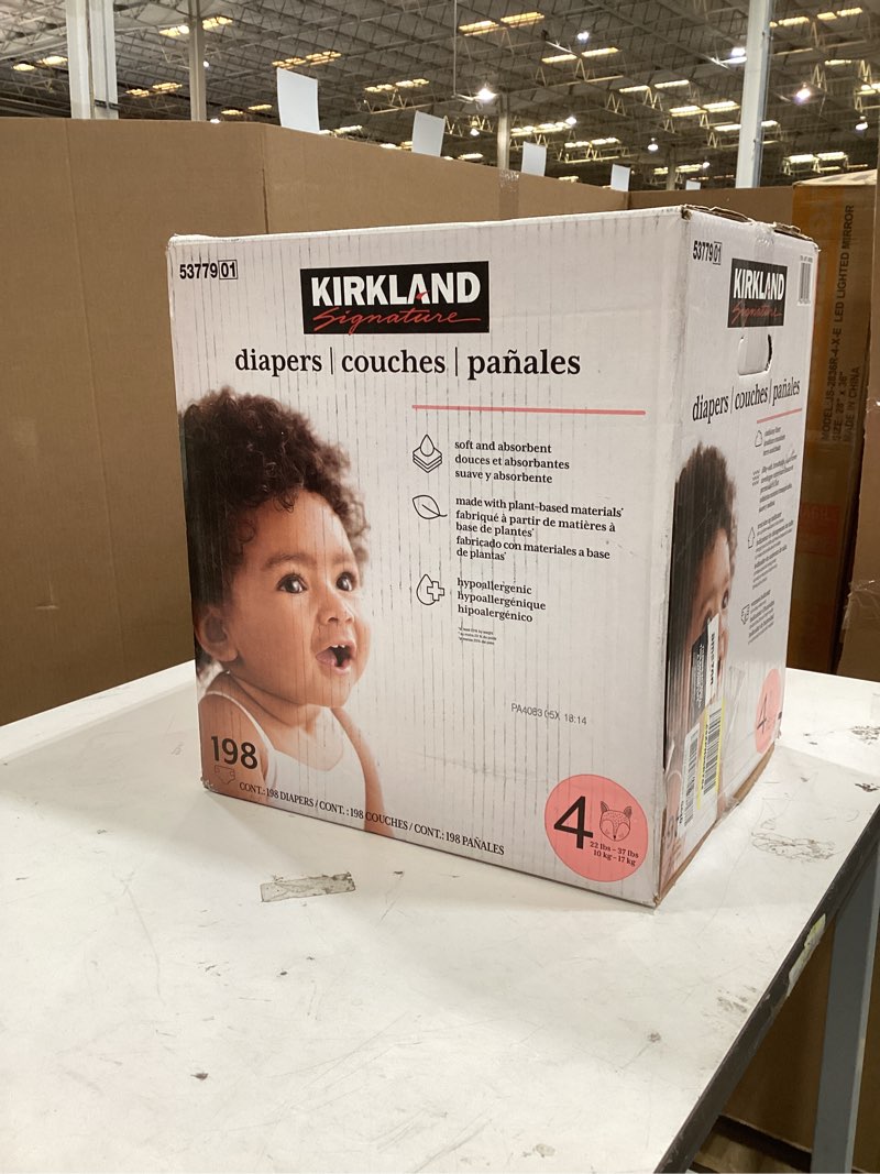 Condition photo showing New/Like New for kirkland signature size 4 diapers, 198-count
