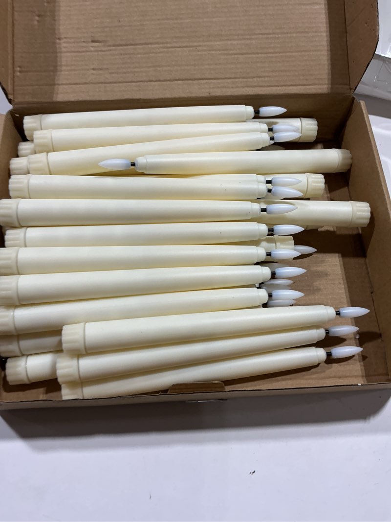 Condition photo showing As Is for baquler 36 pcs flameless taper candles led taper candles flickering bulk ivory led candlestick for easter wedding church halloween christmas party decor table centerpiece, 8.5 in, no batteries