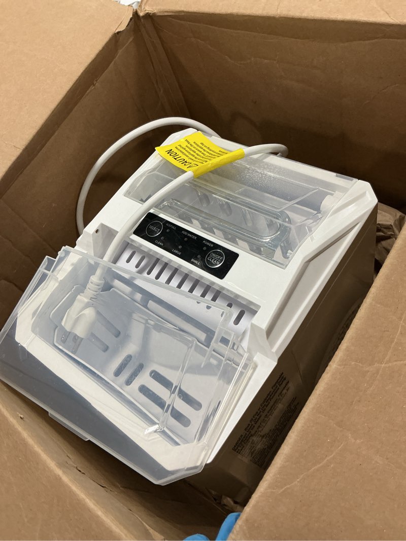Condition photo showing As Is for DUMOS Countertop Ice Maker, Portable 1.5L Ice Machine with Self-Cleaning, 26.5lbs/24H Fast Ice Making, 9 Bullet Ice Cubes in 6 Mins, 2 Size Options, Quiet Compact Ice Maker, Bright White Bright White 26.5Lbs/24H