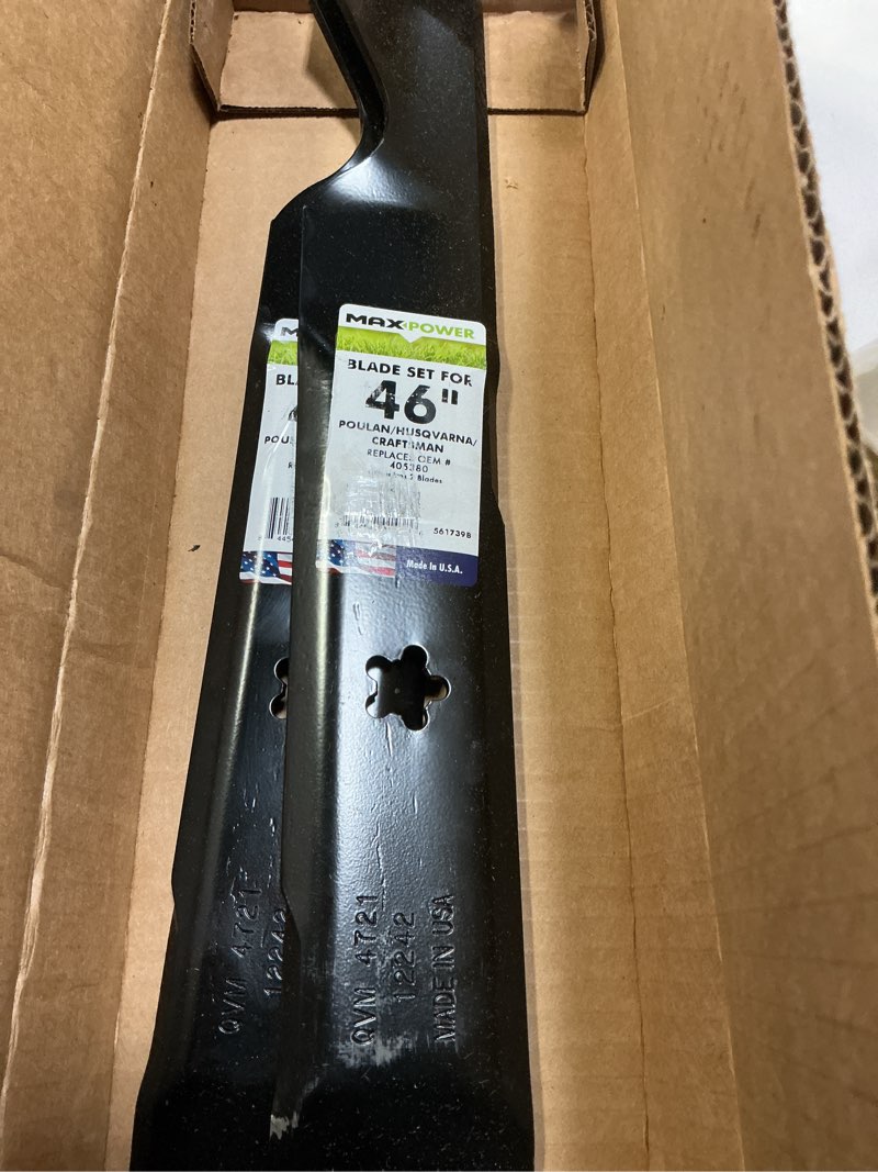 Condition photo showing Good Condition for MaxPower 561739B 2 Blade Set for 46" Cut Craftsman, Husqvarna, Poulan Replaces OEM no. 405380, 594892801, 532405380, CMXGZAM110147
