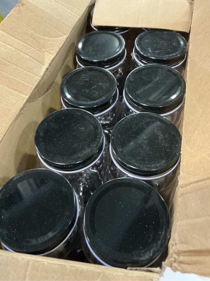Condition photo showing New/Like New for novelinks 16 oz clear plastic jars with lids, refillable 16oz mason jars with lids & storage containers for kitchen & household use (20 pack,black) 20 pack 16 ounce black