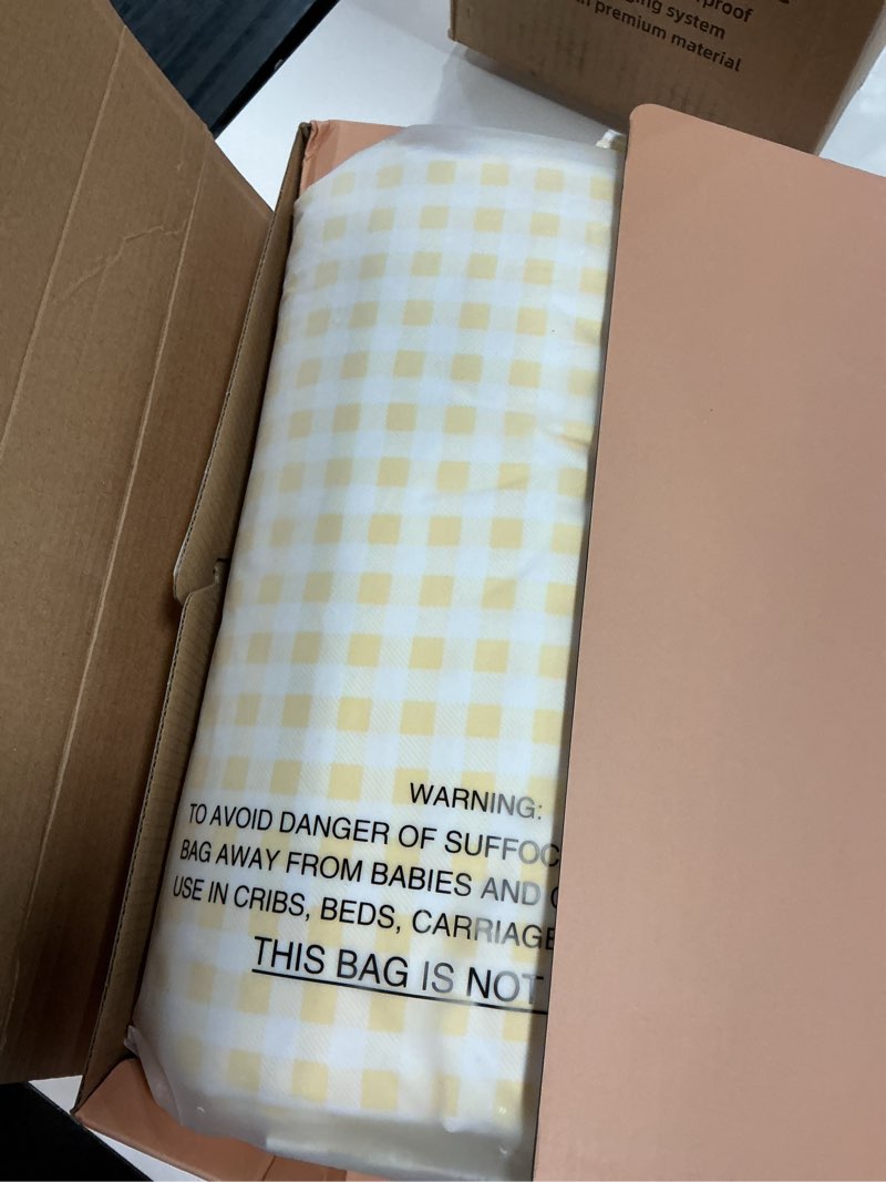 Condition photo showing New/Like New for gingham queen sheet set, lightweight super soft brushed microfiber plaid bed sheets with 16" deep pocket, 4 piece ruffle farmhouse bedroom decor, yellow yellow queen