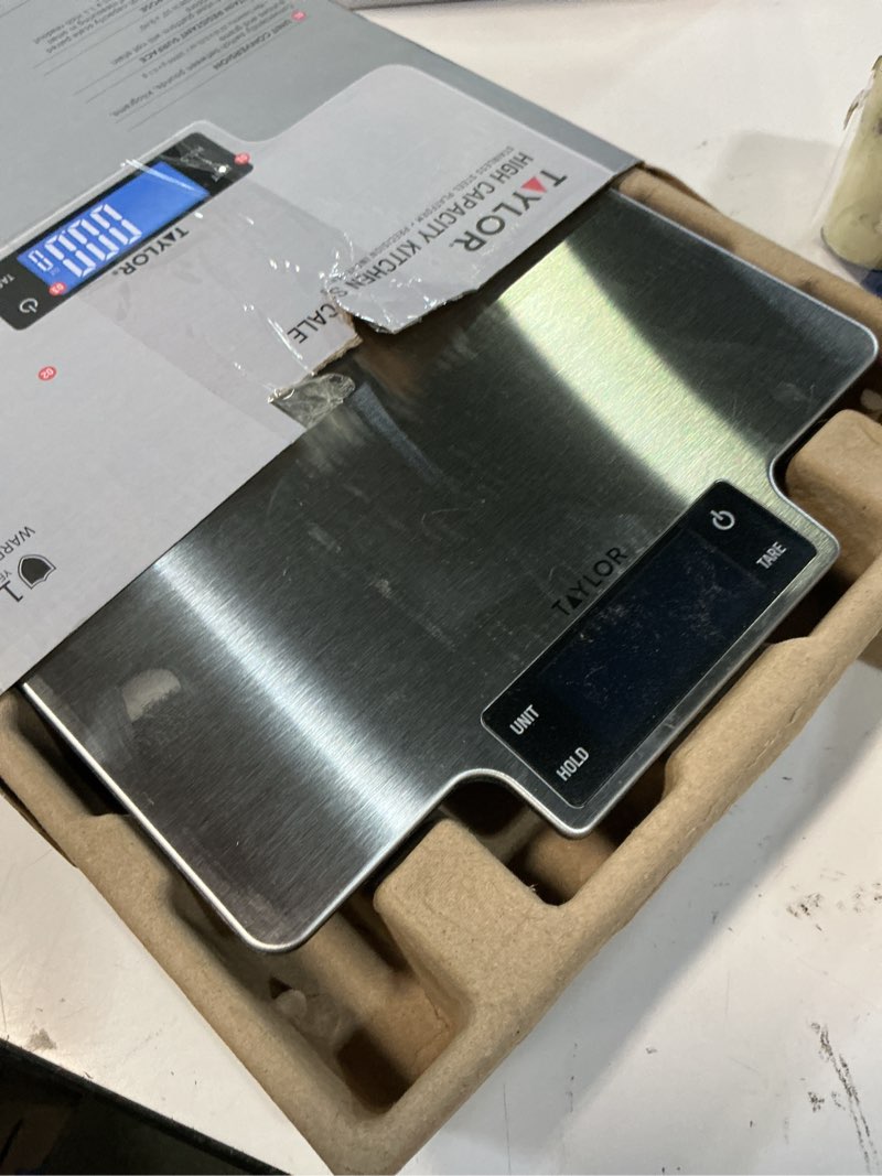 Condition photo showing As Is for taylor 22lb ultra-precise digital stainless steel household kitchen scale, one, silver silver 22 lb