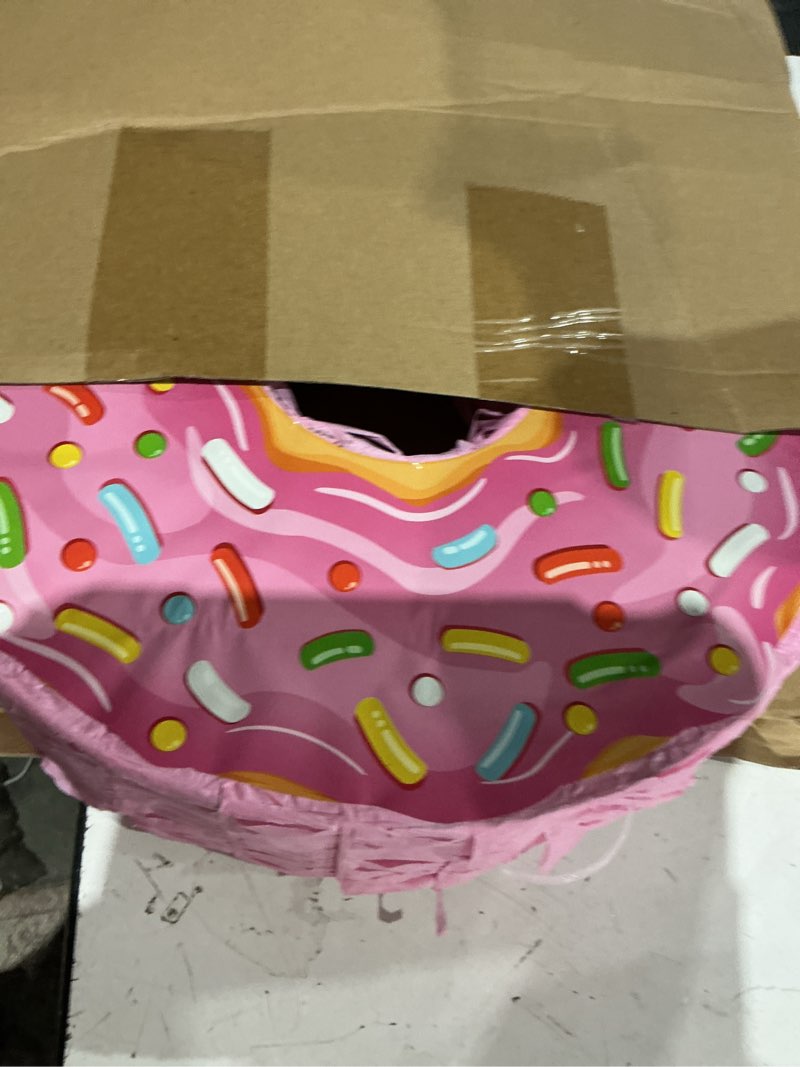 Condition photo showing As Is for pink donut piñata with string, bat and blindfold multicolor colorful small piñata for reveal shower donut grow up theme party birthday anniversary party, 12.6 x 12.6 x 3.15 inch