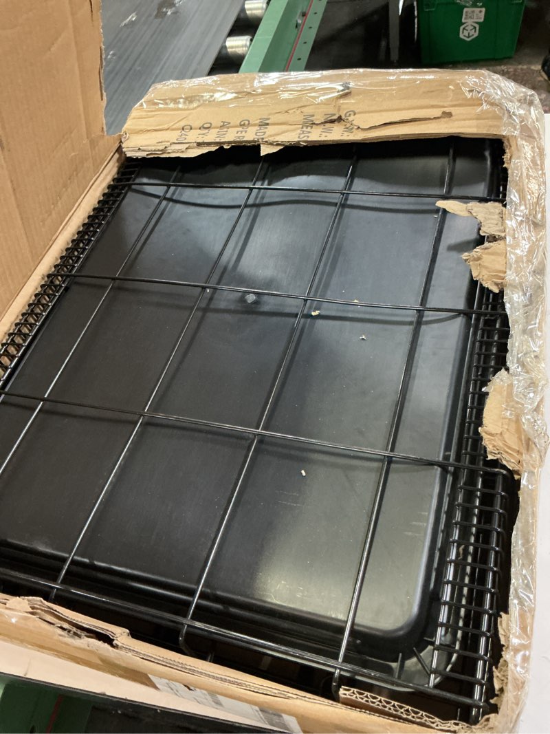 Condition photo showing As Is for amazon basics durable, foldable metal wire small dog crate with tray, single door, 24 x 18 x 20 in, black 24 x 18 x 20 in single door w/ divider