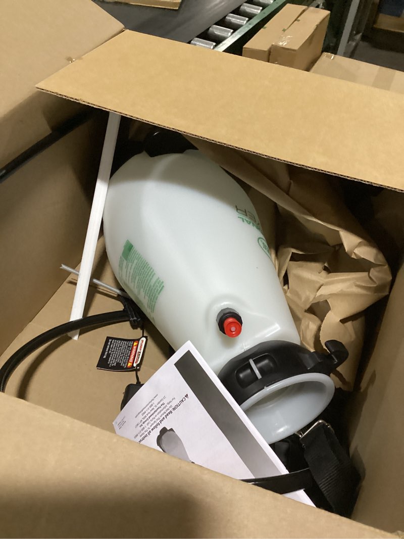 Condition photo showing As Is for scotts 2 gallon lithium-ion battery powered sprayer with pump zero technology, rechargeable lawn & garden tank sprayer, model 190567