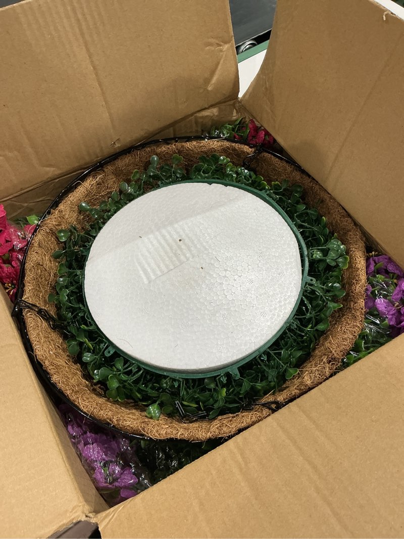 Condition photo showing Good Condition for hyeflora artificial faux hanging plants flowers basket for spring summer outdoor outside decoration, fake silk colorful daisy eucalyptus in planter uv resistant realistic for porch patio balcony yard purple pink