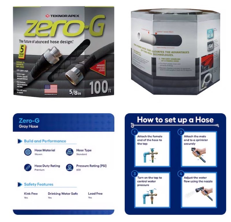 zero-g teknor apex 5/8-in x 100-ft premium -duty kink free woven gray hose