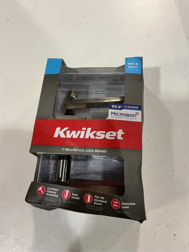 Condition photo showing As Is for kwikset halifax square satin nickel privacy bed/bath door handle with lock