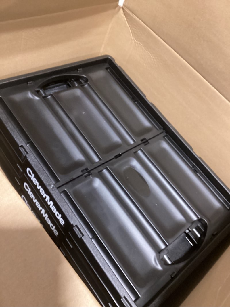 Condition photo showing Good Condition for CleverMade Collapsible Storage Bins - Obsidian 3 Pack 46L - Stackable Containers Heavy Duty Capacity Folding Crates - Space-Saving for Home Glossy Black - 46L - Pack of 3