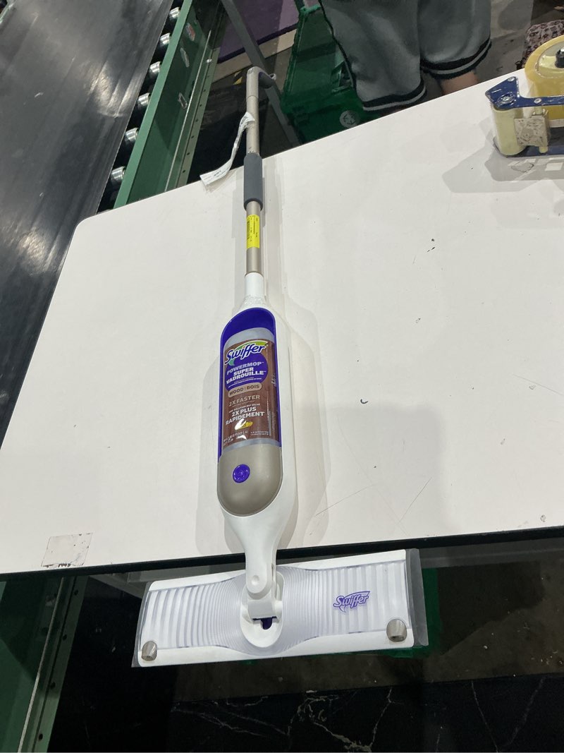 Condition photo showing As Is for missing parts similar to swiffer power mop wood, hardwood floor cleaner for mopping home, bathroom, kitchen, all purpose multi-surface cleaning set includes powermop wood, 2 pads, 1 quickdry lemon solution, & 2 batteries