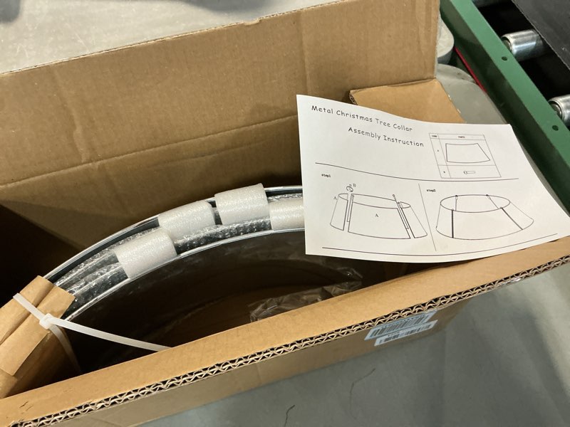 Condition photo showing As Is for 28 Inch Christmas Tree Collar Metal Christmas Tree Skirt for Real Trees or Artificial Trees Holiday Decoration, Silver