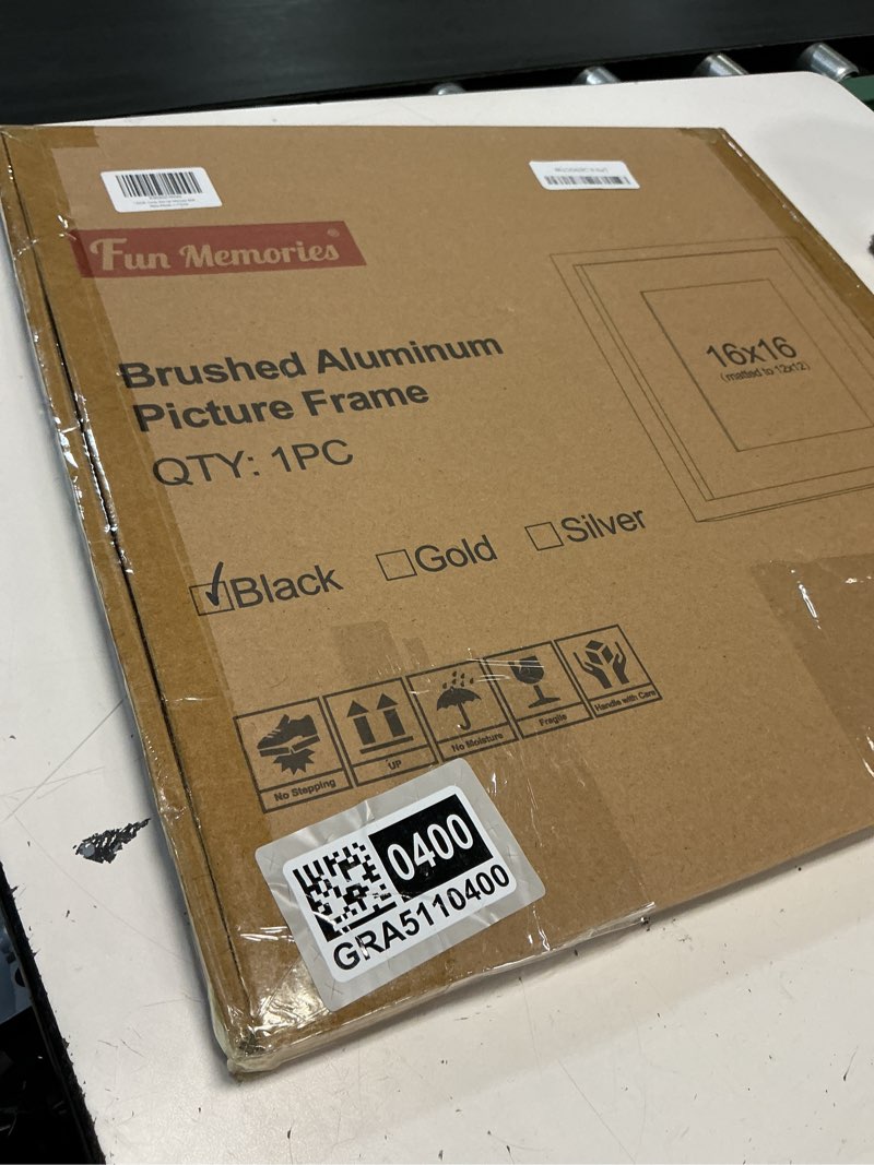 Condition photo showing New/Like New for 16x16 metal picture frame with 12x12 mat, brushed aluminum finish, tempered glass front, and attached hanging hardware - versatile wall display frames for vertical or horizontal orientation(black, black 16x16 - 1p