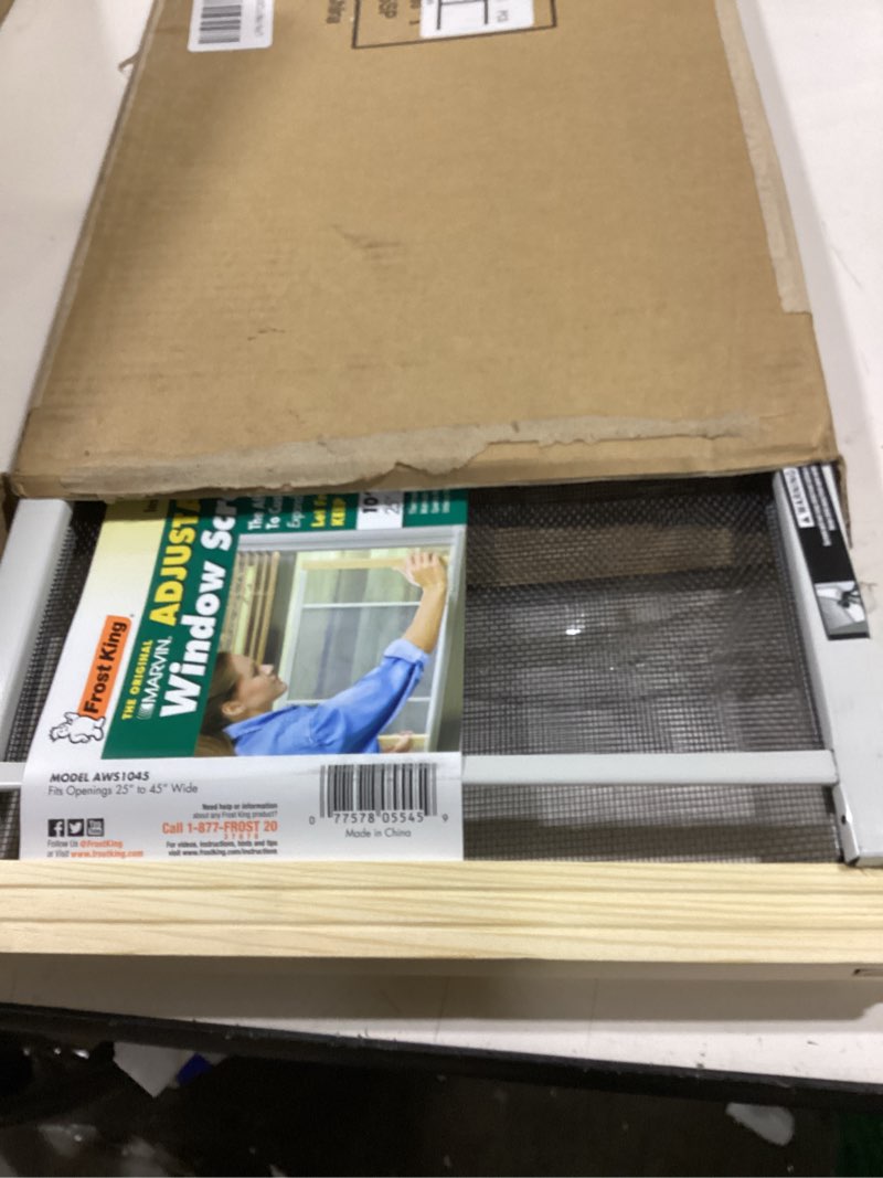 Condition photo showing As Is for Frost King 2AWS1045 WB Marvin Adjustable Window Screen, 10in High x Fits 25-45in Wide (2-Pack) 10" High x Fits 25-45" Wide (2-Pack)