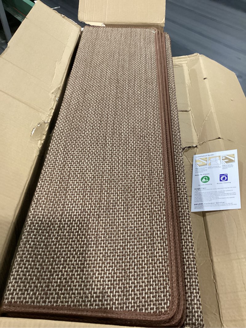 Condition photo showing New/Like New for bullnose carpet stair treads non slip for wooden steps indoor, 9.5" x 35" 14 pieces, extra wide bull nose carpet runners for wood stairs, step covers, stair tread rugs, washable, brown 35" l x 9.5" w x 1.2" h brown 14