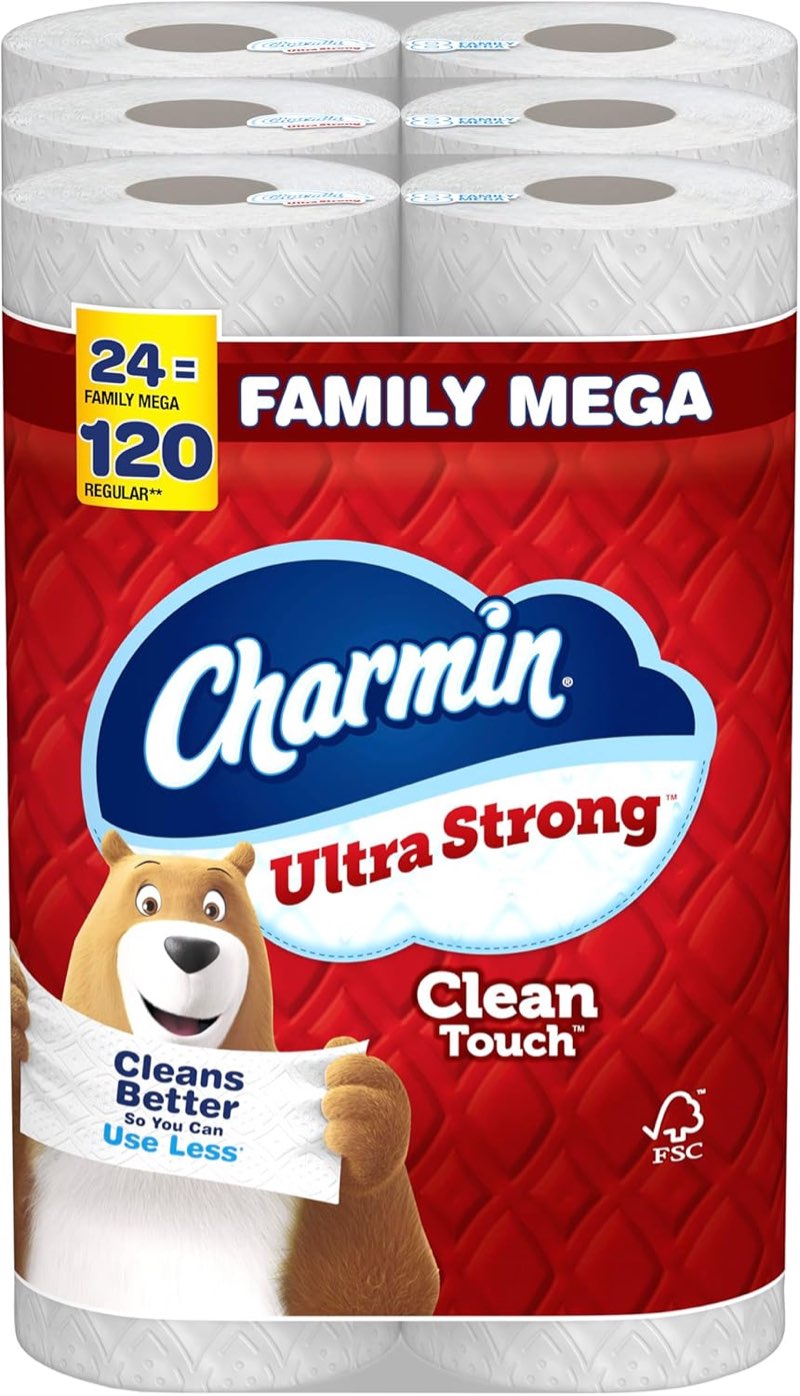 charmin toilet paper ultra strong clean touch, 24 family mega rolls = 120 regula