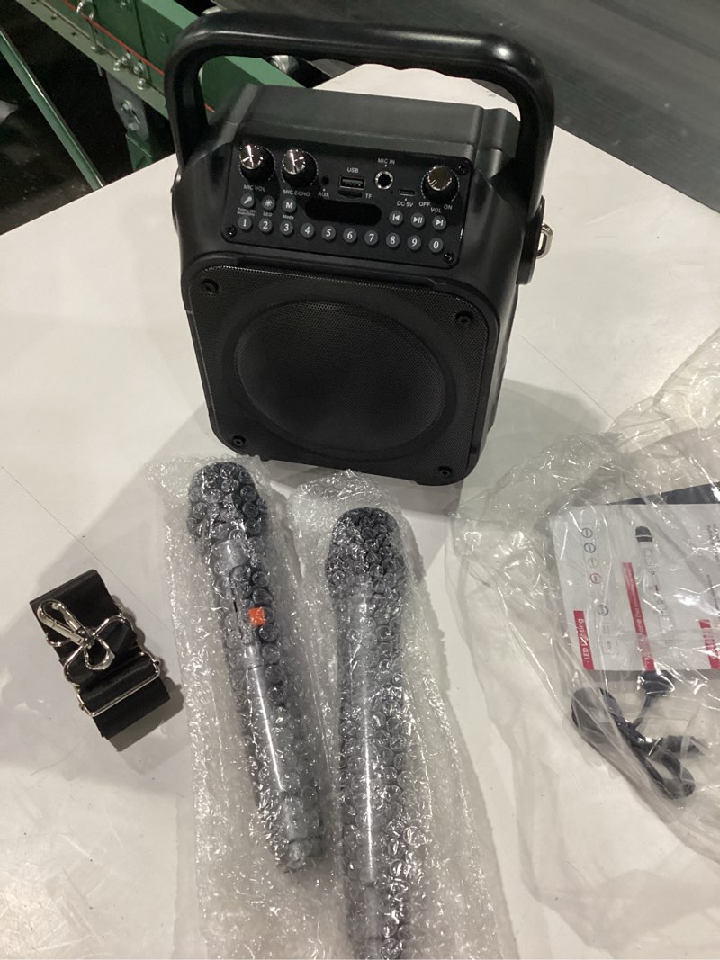 Condition photo showing New/Like New for karaoke machine, portable bluetooth speaker with 2 wireless microphones for adults & kids with lights, karaoke microphone with pa system supports usb/tf/fm/aux for home party home system packages black