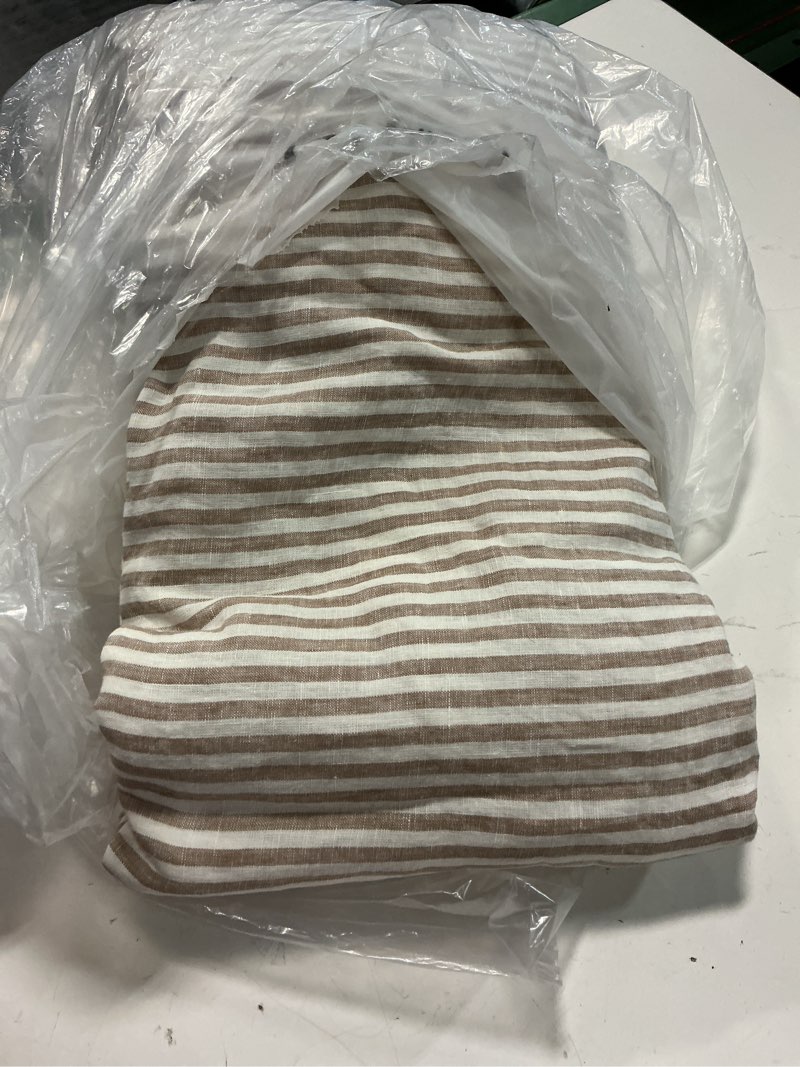 Condition photo showing Good Condition for european linen fitted sheet set, king, latte/white stripe