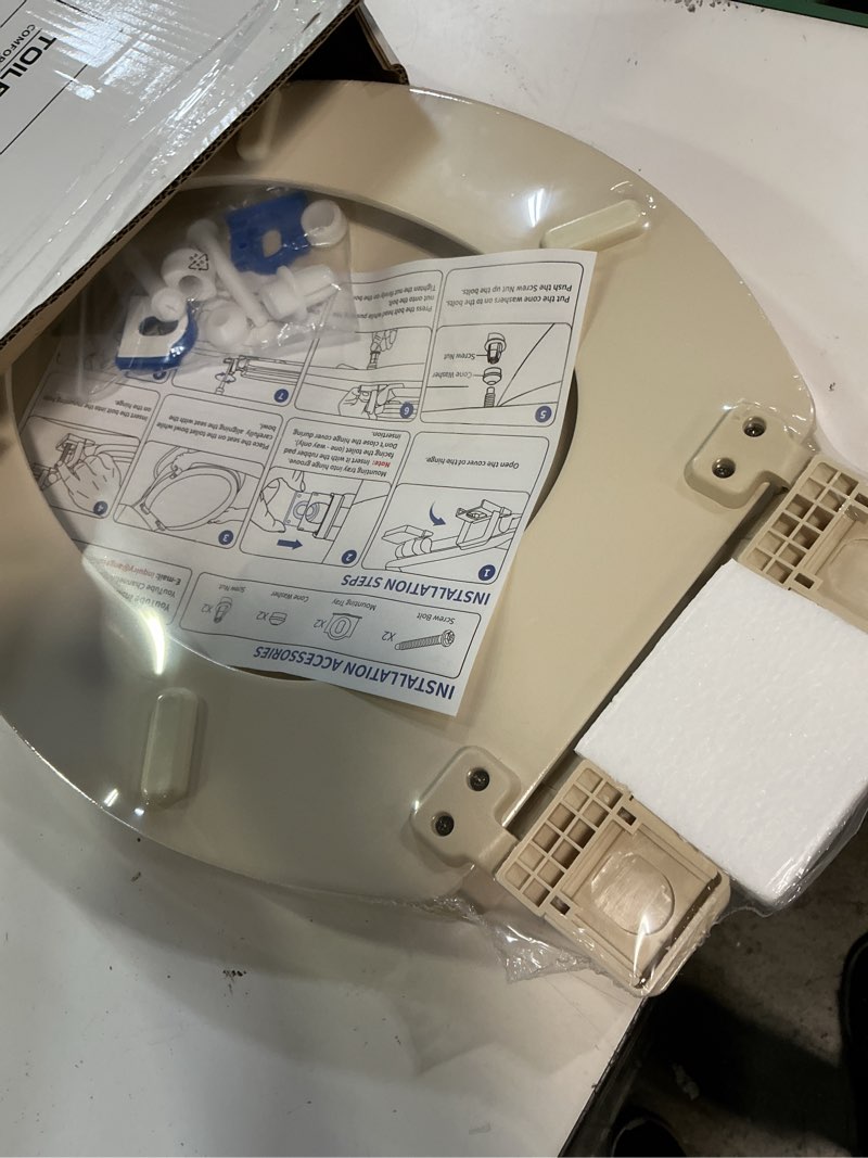 Condition photo showing New/Like New for angol shiold quiet-close molded wood toilet seat with non-slip adjustable hinges, anti-pinch bumpers, easy install & clean?biscuit, elongated 18.5''? elongated 18.5‘’ biscuit