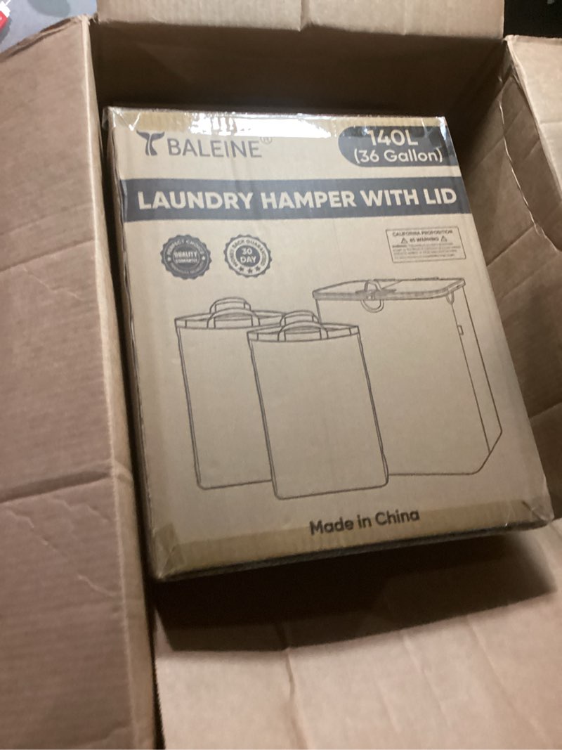 Condition photo showing As Is for baleine laundry hamper with lid, tall laundry baskets with bamboo pull handles, large laundry bin with internal support (36 gal/140l, grey) 140 liters grey