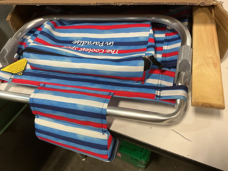 Condition photo showing Good Condition for tommy bahama 5-position classic lay flat folding backpack beach chair, aluminum, red, white, and blue stripe