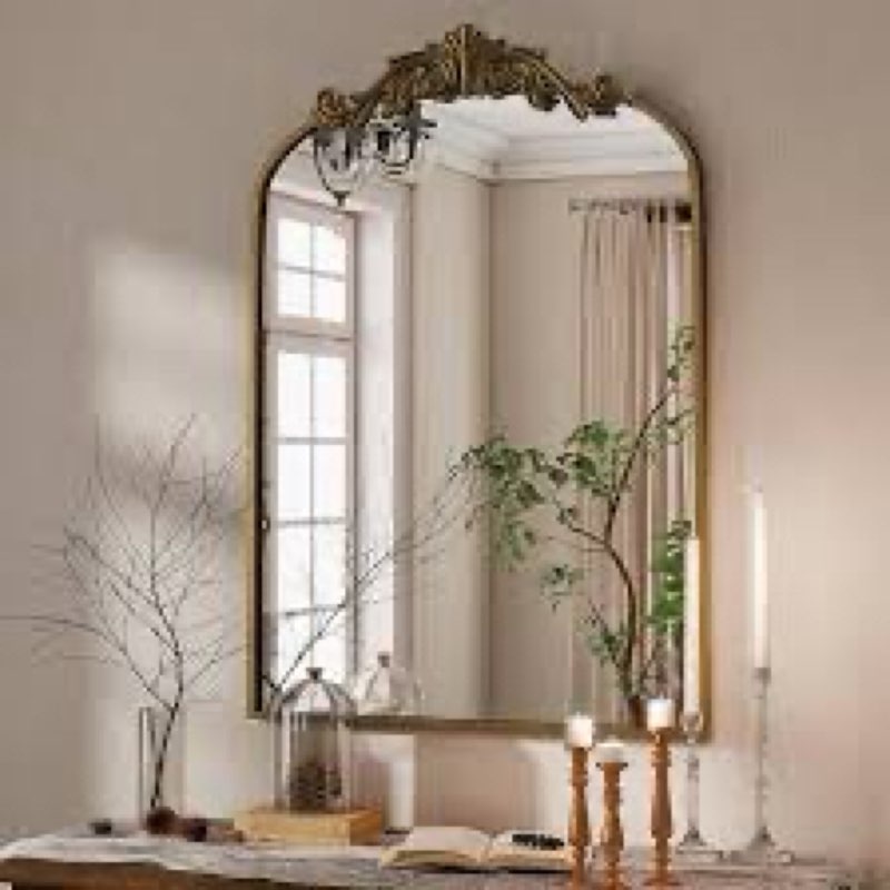 VooBang Vintage Arched Bathroom Mirror, 24x36 Inch Retro Wall Mounted Vanity Mirror with Carved Patt