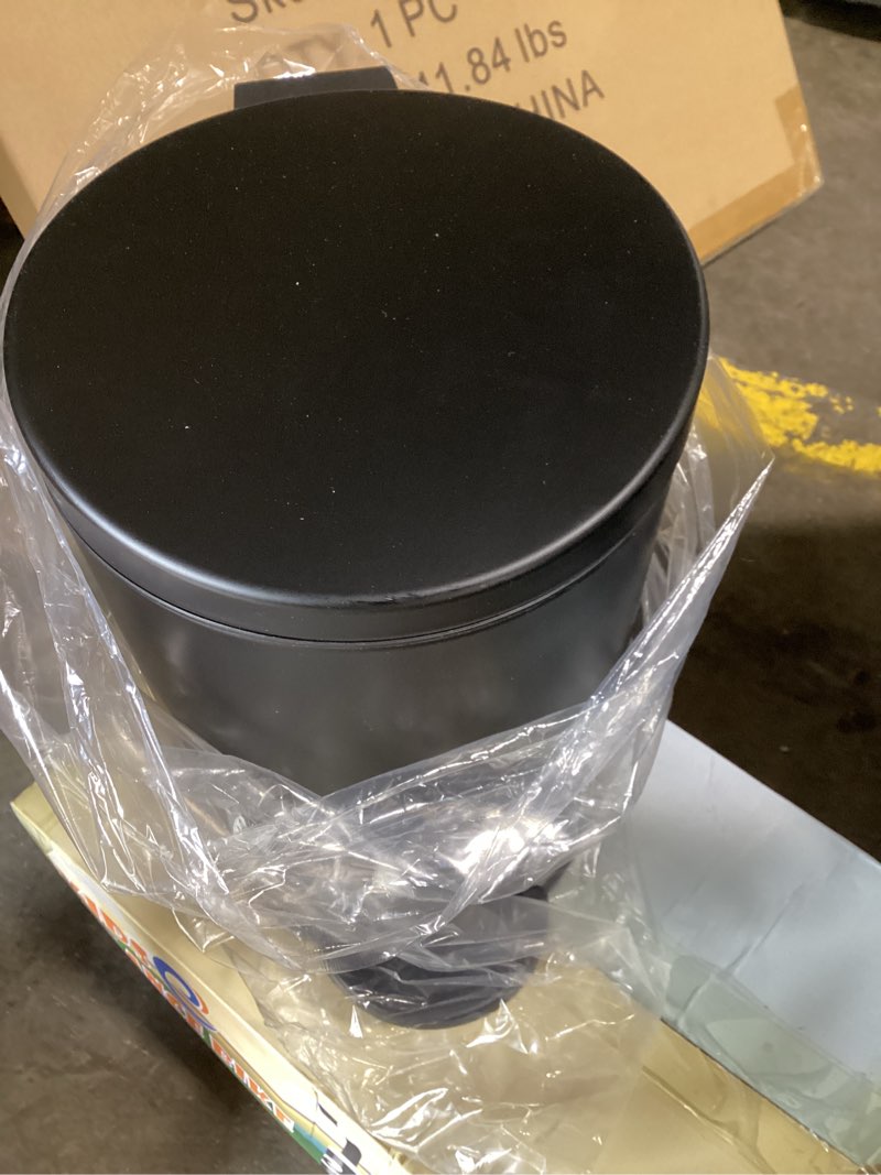 Condition photo showing New/Like New for tipgo 1.2 gallon small black trash can, 4.5 liters bathroom garbage can with lid, mini step trash bin, stainless steel wastebasket for bathroom, bedroom, office (matte black)