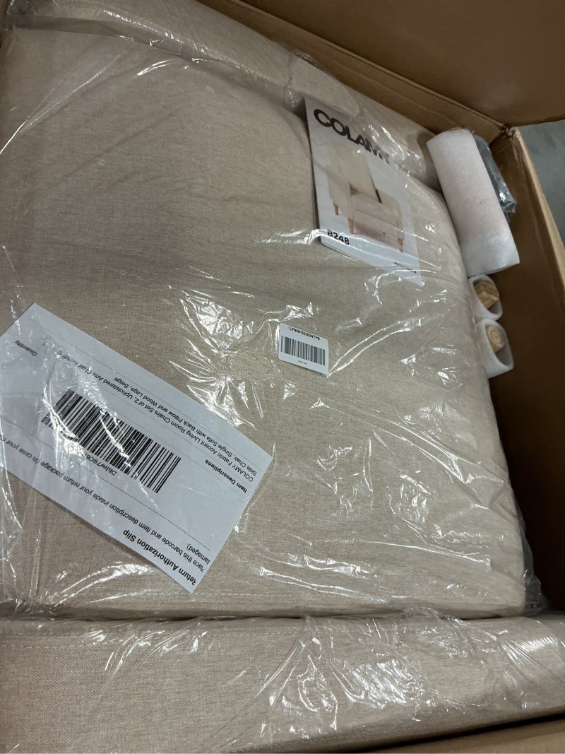 Condition photo showing Good Condition for COLAMY Mid-Century Modern Upholstered Accent Chair with Back Pillow & Solid Wood Legs, Fabric Cozy Armchair for Living Room, Bedroom, Reading Nook, Apartment & Small Spaces, Beige Fabric 1 pcs