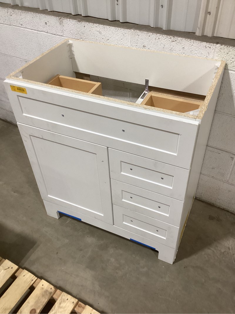 Condition photo showing As Is for style selections cauley 30-in true white single sink bathroom vanity with white cultured marble