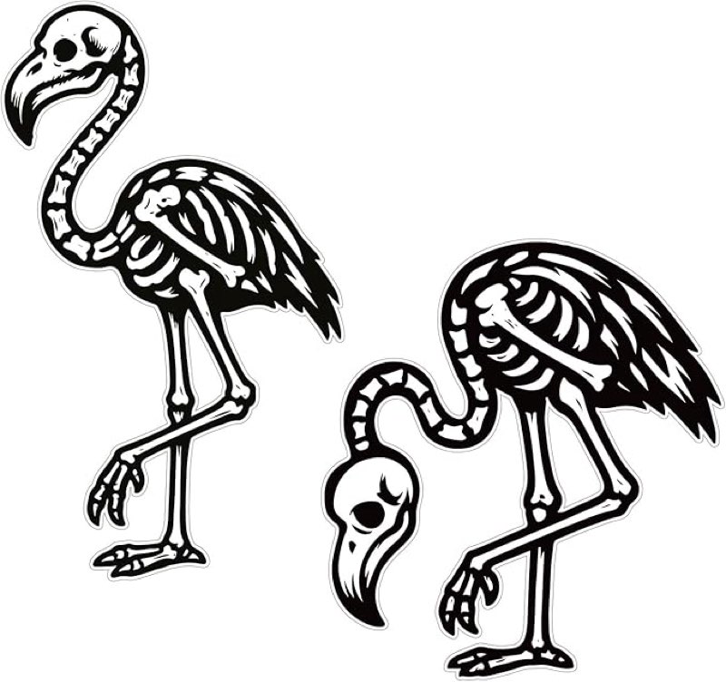2pcs Halloween Skeleton Flamingo, Yard Flamingos with Stakes Spooky Skeleton Animal Lawn Ornaments for Halloween Garden Yard Decoration
