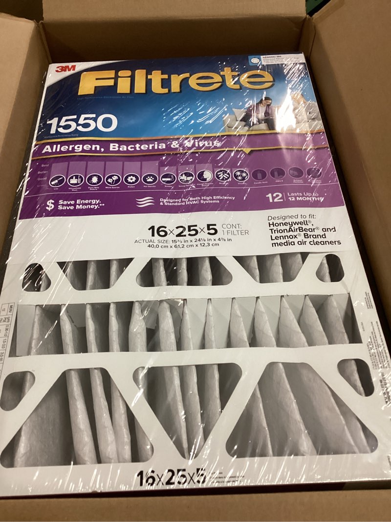 Condition photo showing Good Condition for Filtrete 16x25x5 AC Furnace Air Filter, MPR 1550, MERV 12, Fits Honeywell & Trion AirBear, CERTIFIED Asthma & Allergy Friendly, Electrostatic Air Filter, 1-Pack (actual size 15.75 x 24.13 x 4.88) 4.9" x 24.1" x 15.6"