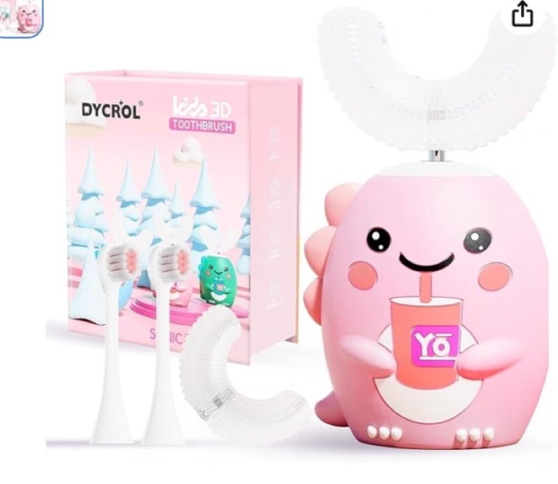 kids u shaped electric toothbrush with 4 brush heads, sonic toothbrush kids with 5 modes, cartoon dinosaur 360-degree cleaning ipx7 waterproof design (2-6 age (pink))