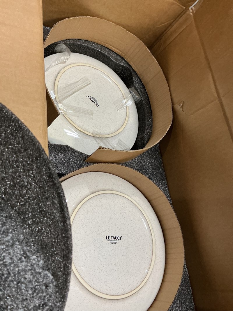 Condition photo showing Good Condition for (Similar )(incomplete )LE TAUCI Dinnerware Sets for 4, 12 Piece Ceramic Dish Set with Plates and Bowls | Oven/Dishwasher/Microwave Safe | Ideal for Housewarming | Reactive Beige (10\" Plate+8\" Dish+27oz Bowl)