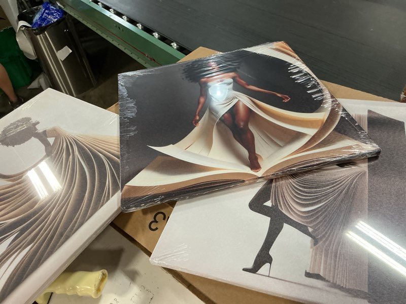 Condition photo showing Good Condition for 3Pcs Framed Black Girl Canvas Wall Art Black woman Wall Decor Pictures Afro African American Abstract Book Wedding Dress Posters Prints for Bathroom Living Room Bedroom Corridor Decoration 20x20in 20x20inx3pcs canvas