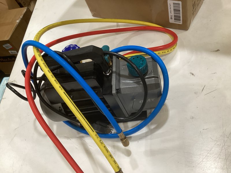 Condition photo showing As Is for orion motor tech vacuum pump, 3.5 cfm 1/4 hp hvac single stage vacuum pump for r12 r22 r134a r410a r502, auto ac vacuum pump kit for automotive air conditioner resin degassing & more, oil included 3.5 cfm grey