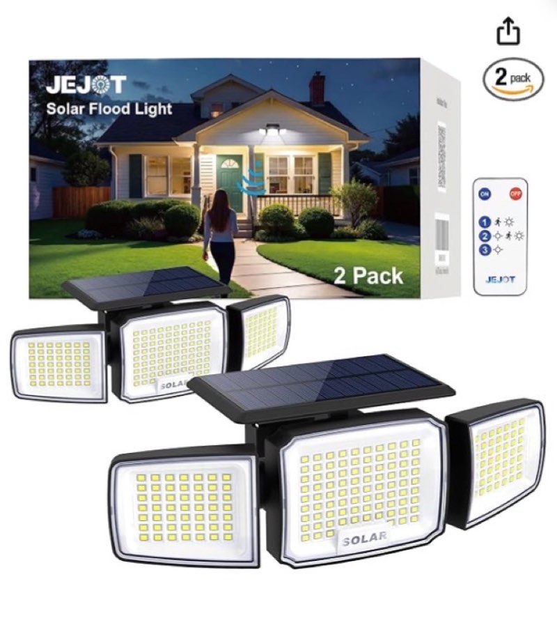 jejot solar security light outdoor,solar flood light with active motion sensor,3 heads 270° wide angle,remote control,ip65 waterproof, 3 modes (2 packs)