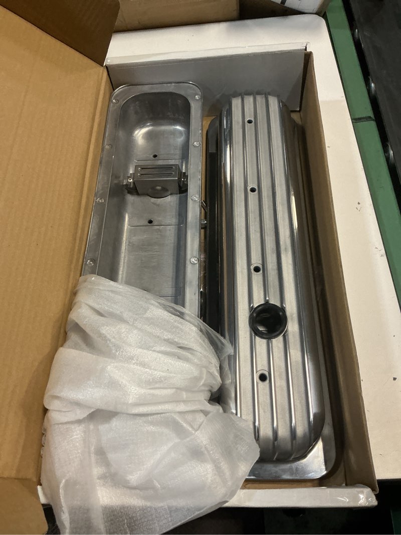 Condition photo showing As Is for valve covers short polished finned center bolt compatible with small block chevy retro vortec 5.0 5.7 350 sbc 87-97 polish
