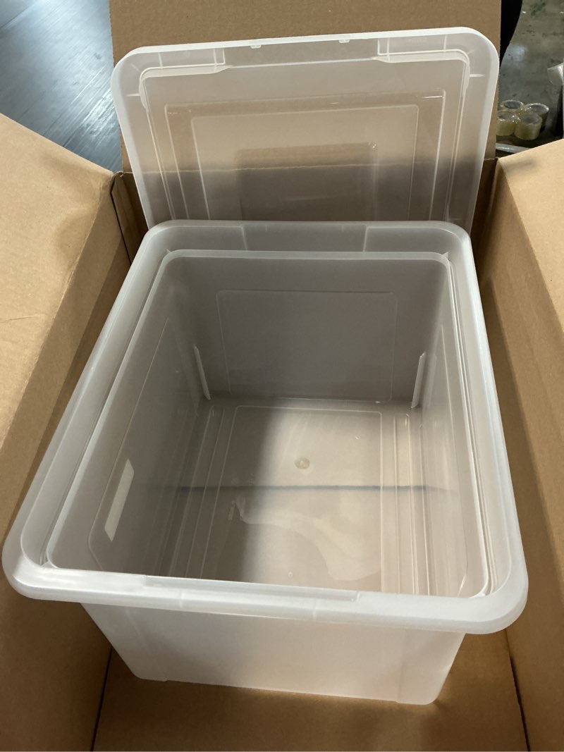 Condition photo showing Good Condition for iris usa file box, plastic file boxes with lids, document organizer for letter/legal file, document box, storage bin for hanging files, secure latching lid stackable bpa-free, clear 35 qt. 1 pack