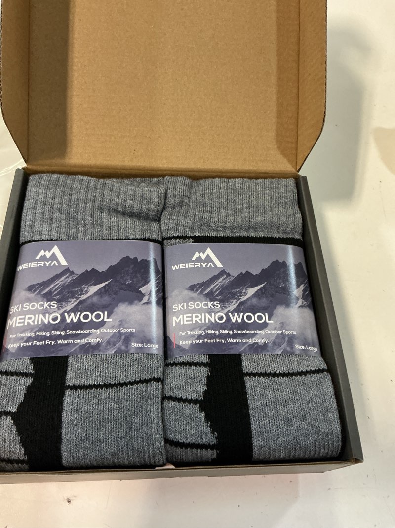 Condition photo showing New/Like New for WEIERYA Ski Socks 2 Pairs Pack for Skiing, Snowboarding, Cold Weather, Winter Performance Socks Black Large