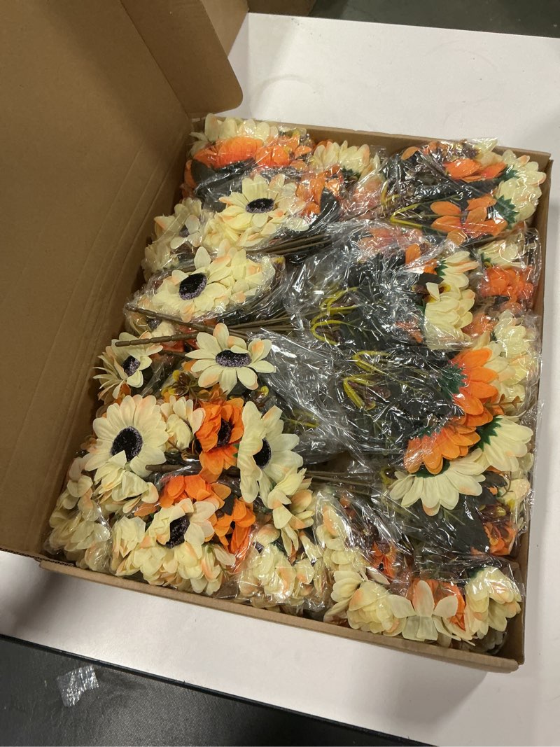 Condition photo showing New/Like New for Artificial Daisy Flowers 24 Bundles Fall Flowers with 10 Sunflowers Head Autumn Outdoor Fake Flowers for Window Box Garden Porch Centerpieces Wedding Orange Orange 24