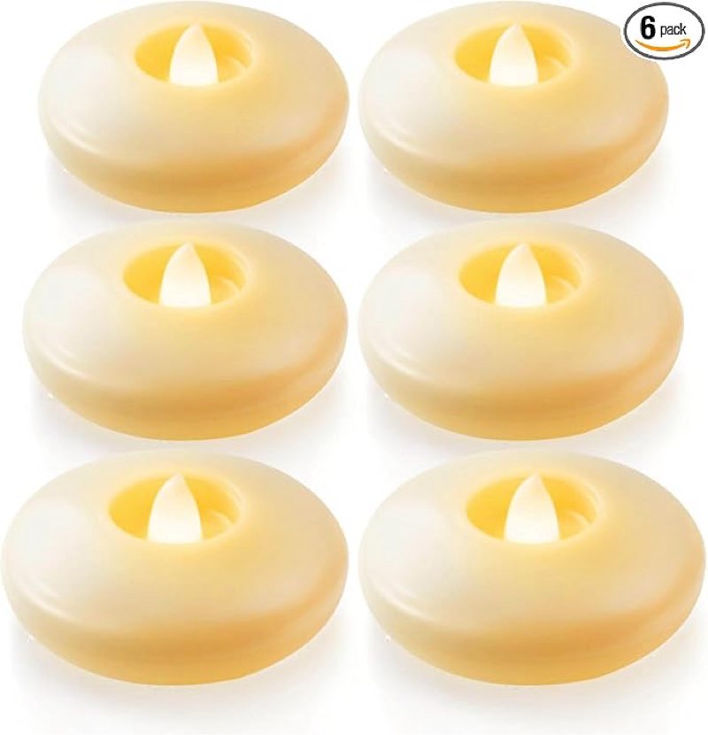 homemory 6 pack 3” flameless led floating candles, 200 hour battery operated flickering waterproof tealights for cylinder vases, centerpieces at wedding, party, pool, holiday (ivory base)
